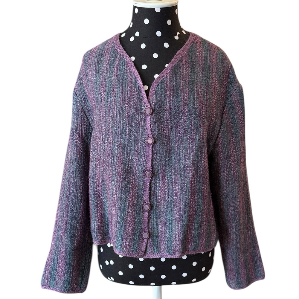 Hand Woven Wool Silk Crop Cardigan Jacket Purple Teal Stripe Cottage Boho Medium